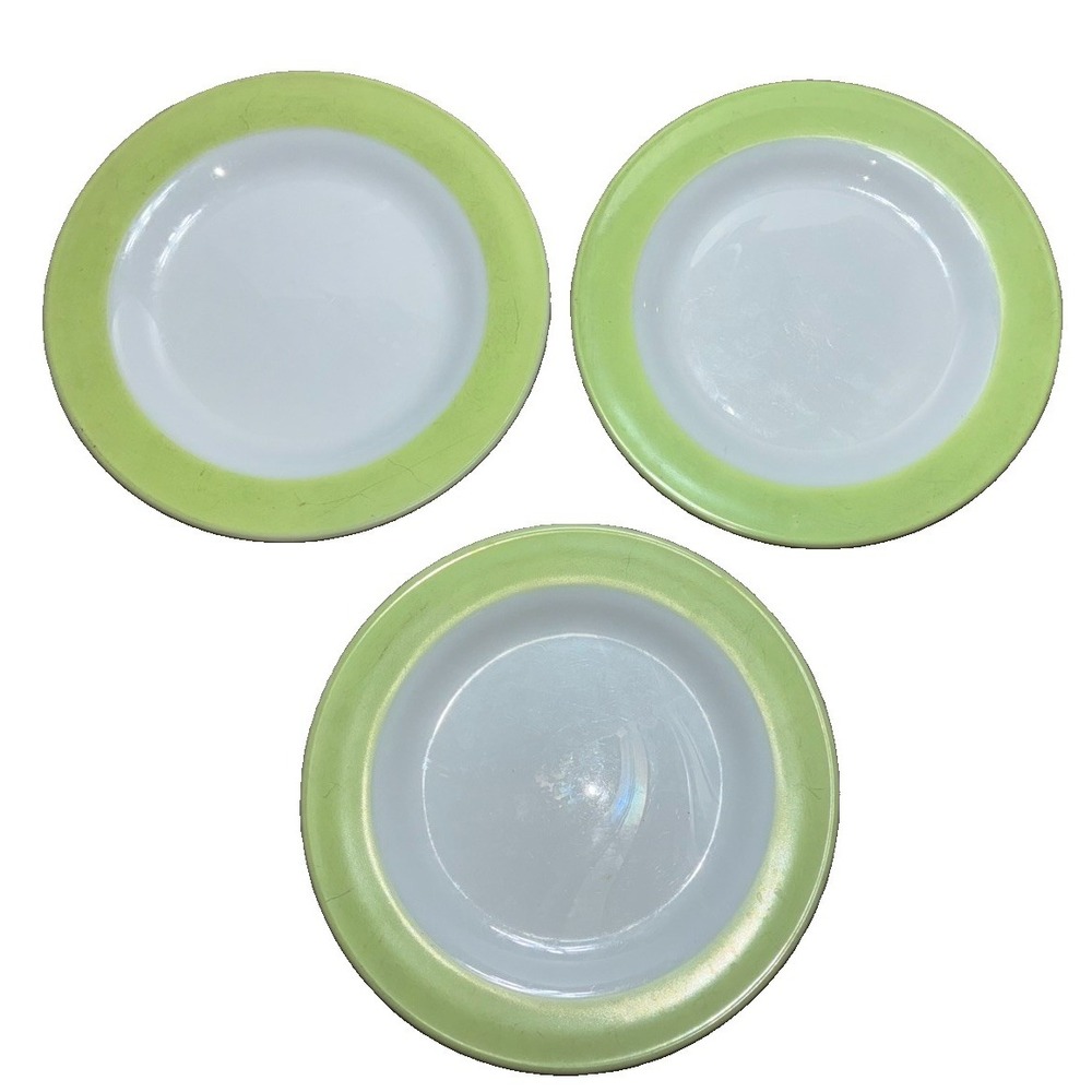 Vtg Pyrex Dinner Plate Lime Green Band Milk Glass 10" Set Of 3 *scratches